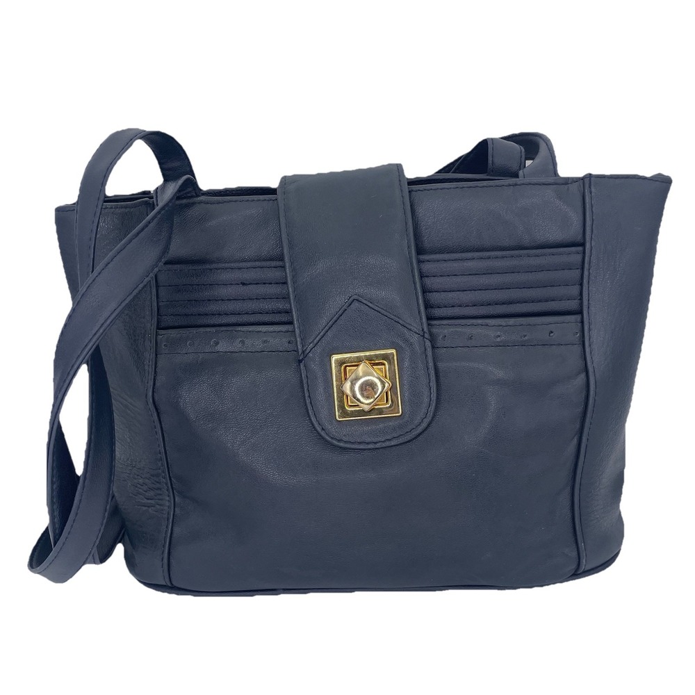 VTG Navy Blue Vegan Leather Shoulder Bag Flapover Handbag Classic Purse Granny